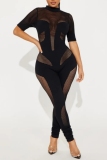 Hollow Out See-Through Half A Turtleneck Mesh Skinny Jumpsuits