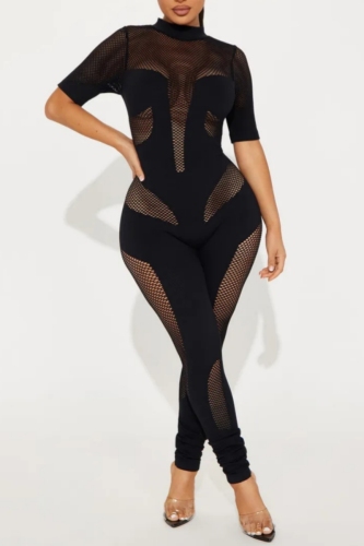 Hollow Out See-Through Half A Turtleneck Mesh Skinny Jumpsuits