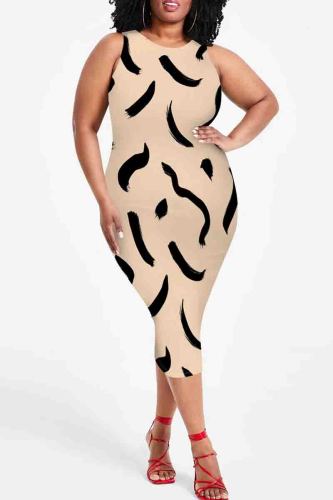 Graphics Print Sleeveless O Neck Wrapped Skirt Plus Size Bodycon Midi Tank Dresses