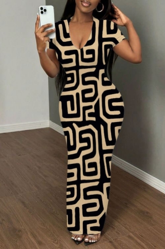 Casual Graphics Print V Neck Short Sleeve Long Bodycon Maxi T-shirt Dresses