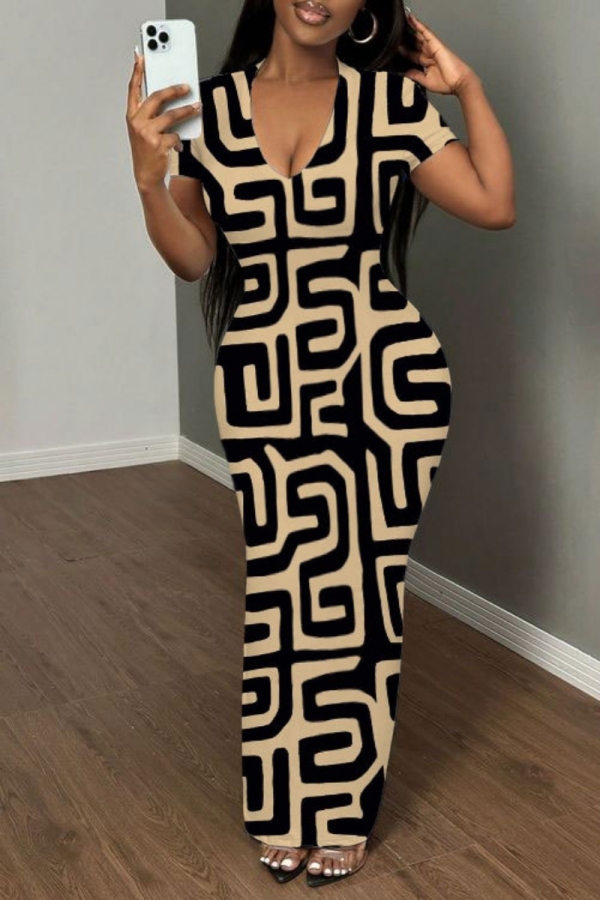 Casual Graphics Print V Neck Short Sleeve Long Bodycon Maxi T-shirt Dresses