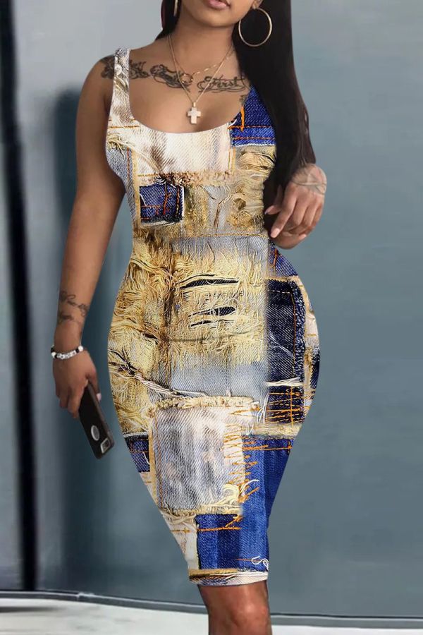 Casual Plaid Print U Neck Sleeveless Vacation Bodycon Midi Tank Dress