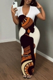 Casual Graphics Print V Neck Short Sleeve Long Bodycon Maxi T-shirt Dresses