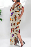 Halloween Pumpkin Print U Neck Short Sleeve Cold Shoulder Pocket Side Slit Irregular Hem Plus Size Loose Maxi Dresses