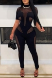Hollow Out See-Through Half A Turtleneck Mesh Skinny Jumpsuits