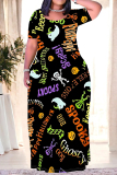 Halloween Outfit Skull Moon Print O Neck Short Sleeve Plus Size Straignt Loose T Shirt Maxi Dresses