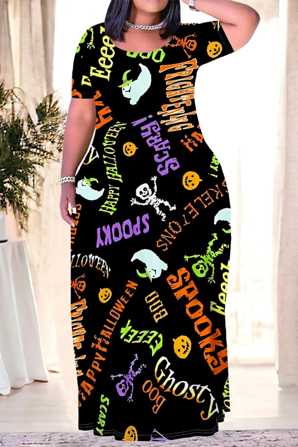 Halloween Outfit Skull Moon Print O Neck Short Sleeve Plus Size Straignt Loose T Shirt Maxi Dresses