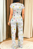 Casual Graphics Print O Neck Short Sleeve Pocket Trousers And Crop Top Vacation Two Pieces Pant Set