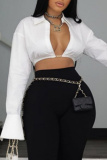 Turndown Collar Long Sleeve Vacation Crop Blouse