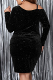 Formal Sequins Oblique Collar Long Sleeve Plus Size Evening Party Bodycon Mini Wedding Guest Dresses