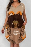 Casual Graphics Print Short Sleeve Pocket Hooded Mini T-shirt Dresses