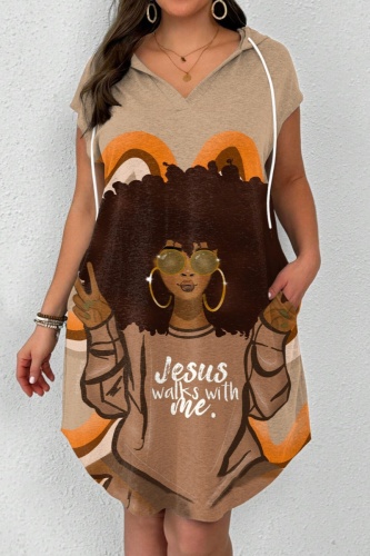 Casual Graphics Print Short Sleeve Pocket Hooded Mini T-shirt Dresses