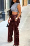 Casual Pocket High Waist Leather Wide Leg Pants