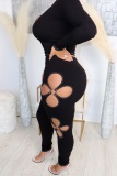 Casual Floral Design Hollow Out O Neck 3/4 Sleeve Crop Tops And Skinny Pants Night Club Plus Size Two Pieces Trouser Sets