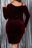Formal Sequins Oblique Collar Long Sleeve Plus Size Evening Party Bodycon Mini Wedding Guest Dresses
