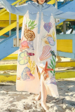 Casual Graffiti Print Buckle Turndown Collar Long Sleeve Vacation Maxi Shirt Dresses