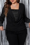 Casual Shiny Sequins Long Sleeve Draw String Lace Up Ruched Plus Size Tops