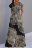 Casual Graphics Print Short Sleeve V Neck Cinch Waist Pocket Vacation Wide Leg Jumpsuits