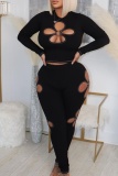 Casual Floral Design Hollow Out O Neck 3/4 Sleeve Crop Tops And Skinny Pants Night Club Plus Size Two Pieces Trouser Sets