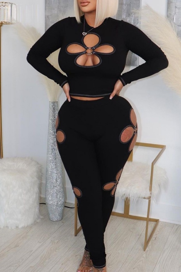 Casual Floral Design Hollow Out O Neck 3/4 Sleeve Crop Tops And Skinny Pants Night Club Plus Size Two Pieces Trouser Sets