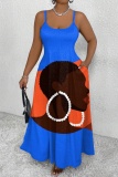 Figure Print Backless Spaghetti Strap Floor Length Vacation Sundress Slip Maxi Dress
