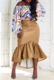 Casual Ruffle Hem Skinny High Waist Leather Midi Wrap Skirts