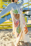 Casual Graffiti Print Buckle Turndown Collar Long Sleeve Vacation Maxi Shirt Dresses