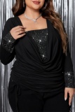 Casual Shiny Sequins Long Sleeve Draw String Lace Up Ruched Plus Size Tops