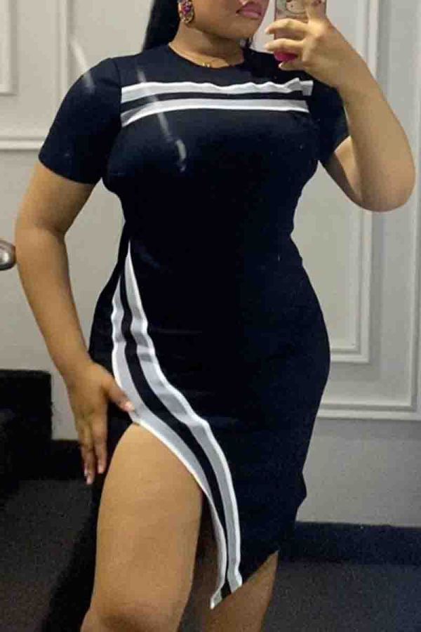 Street Stripe Print O Neck Short Sleeve Slit Long Bodycon Mini T-shirt Dresses