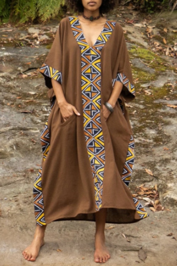 Casual Boho Geometry Print V Neck Batwing Sleeve Long Loose Vacation Maxi Dresses