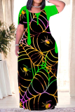 Halloween Outfit Skull Moon Print O Neck Short Sleeve Plus Size Straignt Loose T Shirt Maxi Dresses