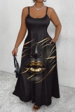 Figure Print Backless Spaghetti Strap Floor Length Vacation Sundress Slip Maxi Dress