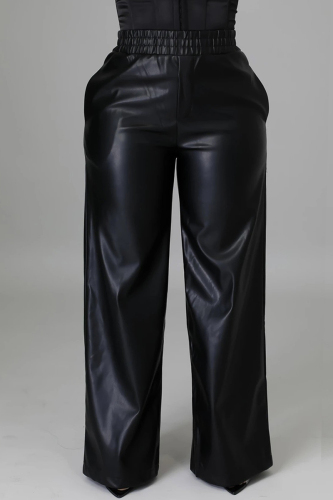 Casual Pocket High Waist Leather Wide Leg Pants