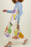 Casual Graffiti Print Buckle Turndown Collar Long Sleeve Vacation Maxi Shirt Dresses