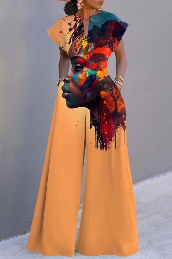 Casual Graphics Print Short Sleeve V Neck Cinch Waist Pocket Vacation Wide Leg Jumpsuits