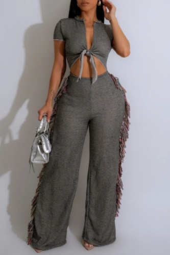 Casual Short Sleeve V Neck Belted Front Tie Fringed Trim Wide Leg Jumpsuits