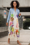 Casual Graffiti Print Buckle Turndown Collar Long Sleeve Vacation Maxi Shirt Dresses