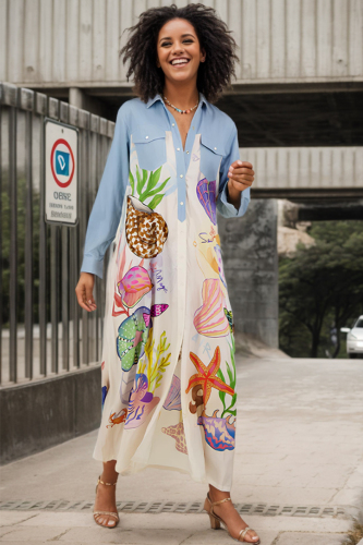 Casual Graffiti Print Buckle Turndown Collar Long Sleeve Vacation Maxi Shirt Dresses