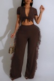 Casual Short Sleeve V Neck Belted Front Tie Fringed Trim Wide Leg Jumpsuits