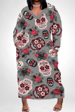 Halloween Skull Pumpkin Print V Neck Long Sleeve Pokcets Plus Size Loose Maxi Dress
