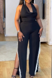 Sleeveless V Neck Side Slit Tassel Evening Party Halter Wide Leg Jumpsuits