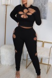 Casual Floral Design Hollow Out O Neck 3/4 Sleeve Crop Tops And Skinny Pants Night Club Plus Size Two Pieces Trouser Sets