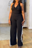 Sleeveless V Neck Side Slit Tassel Evening Party Halter Wide Leg Jumpsuits