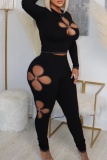 Casual Floral Design Hollow Out O Neck 3/4 Sleeve Crop Tops And Skinny Pants Night Club Plus Size Two Pieces Trouser Sets