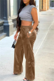 Casual Pocket High Waist Leather Wide Leg Pants