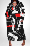 Casual African Graphics Print V Neck Long Sleeve Pokcets Vacation Loose Maxi Dress