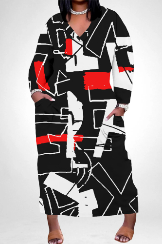 Casual African Graphics Print V Neck Long Sleeve Pokcets Vacation Loose Maxi Dress