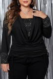 Casual Shiny Sequins Long Sleeve Draw String Lace Up Ruched Plus Size Tops