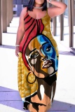 Figure Print Backless Spaghetti Strap Floor Length Vacation Sundress Slip Maxi Dress