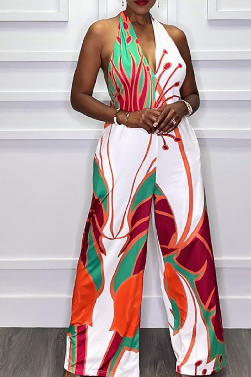 Pre-Order Black Halter Tropical Plant Print Wide Leg Jumpsuit